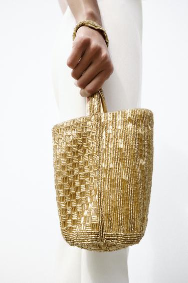 Zara SEQUIN MINI BUCKET BAG - Golden