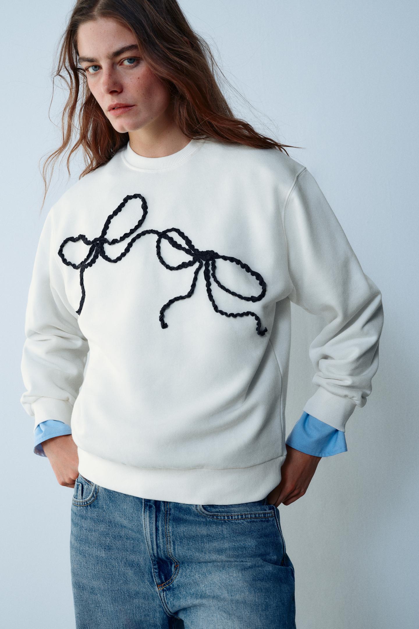 Женская толстовка Zara Embroidered Bow, цвет: Устричный белый — фото 2