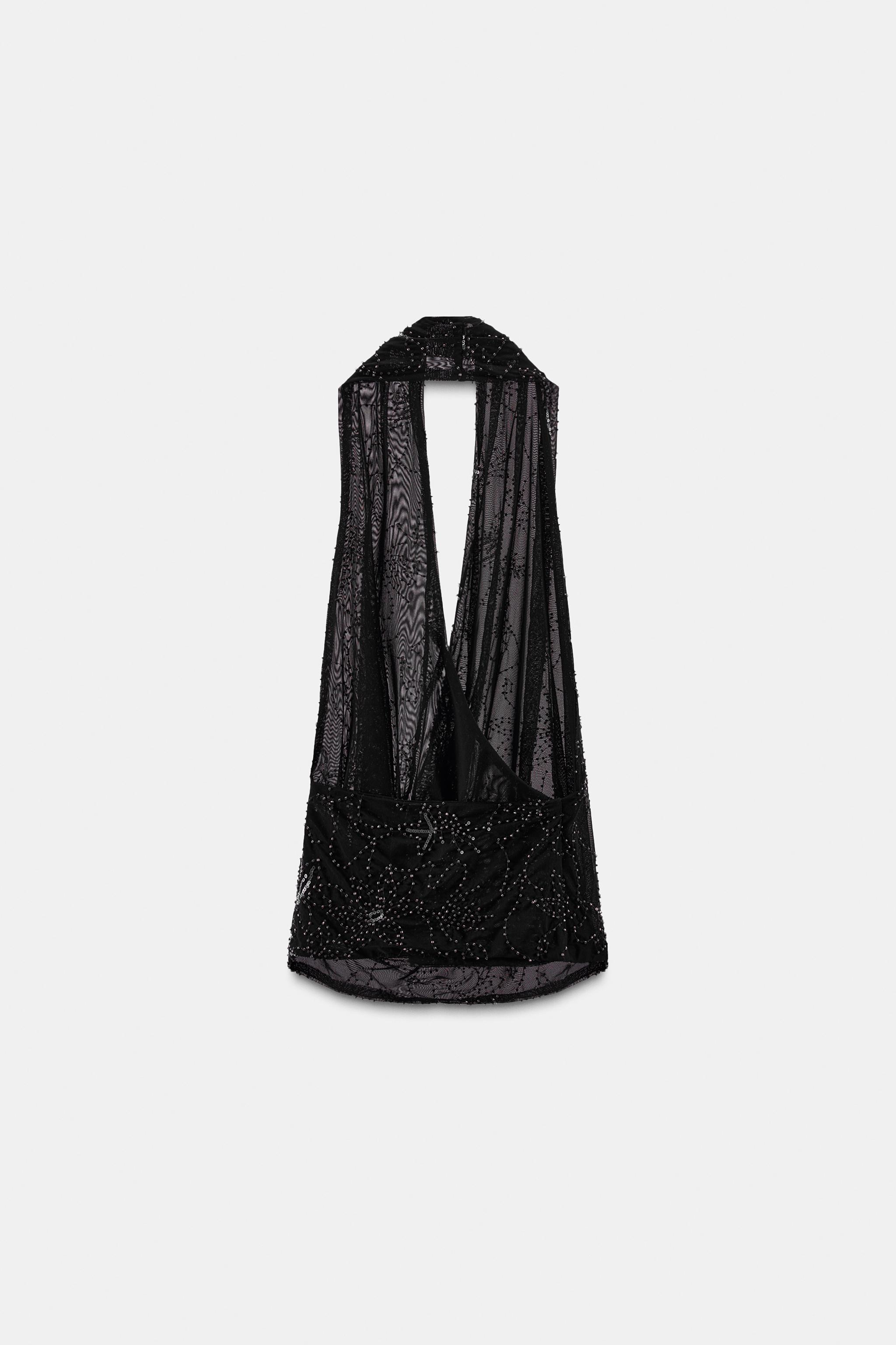 EMBROIDERED BEADED HALTER TOP