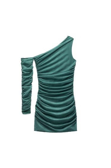 FITTED ASYMMETRICAL DRAPED ORGANZA DRESS