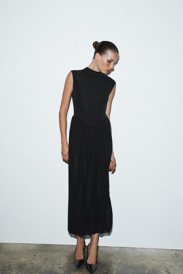 LONG CONTRAST TULLE DRESS - Black by Zara - Image 0