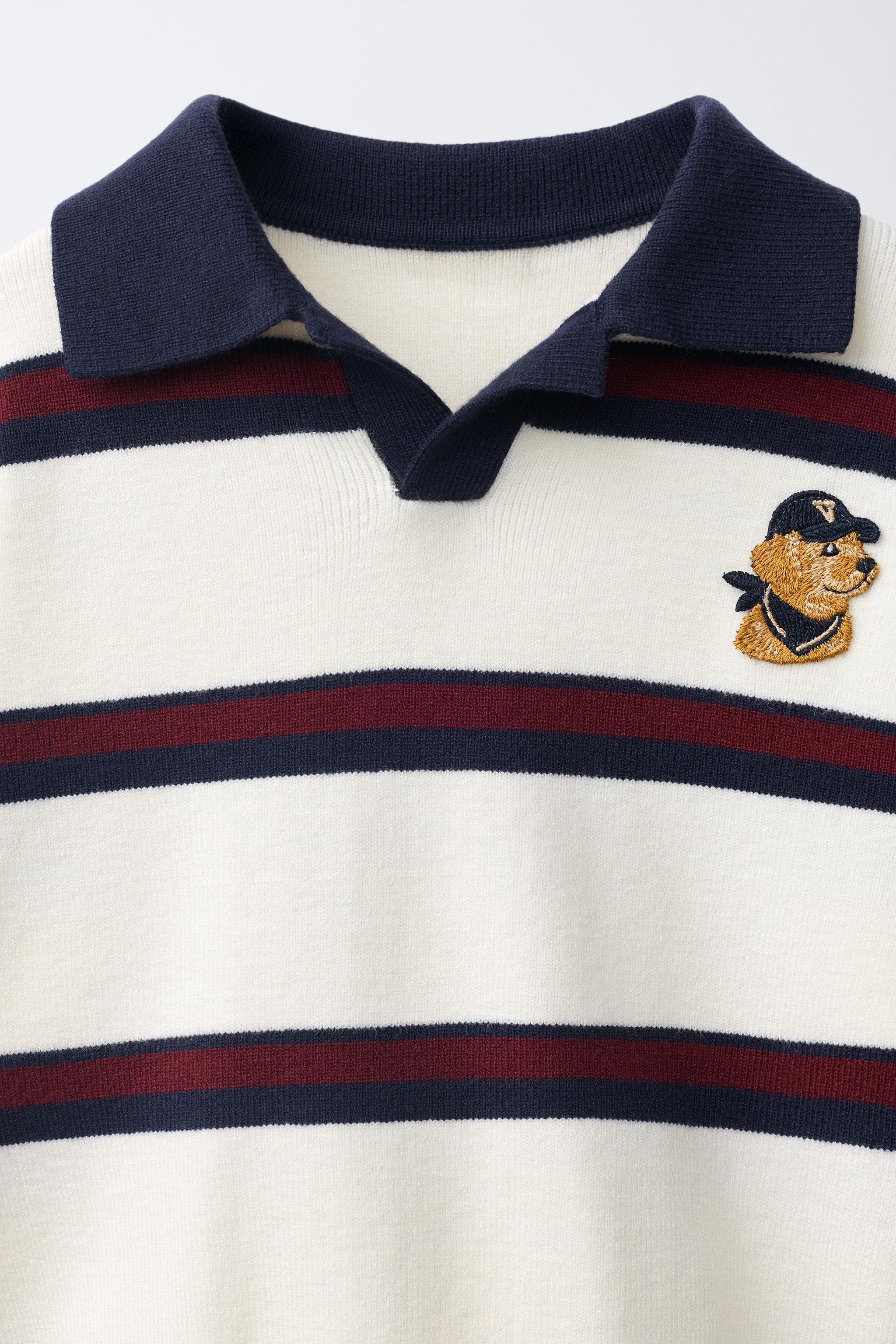 EMBROIDERED STRIPED POLO KNIT SWEATER