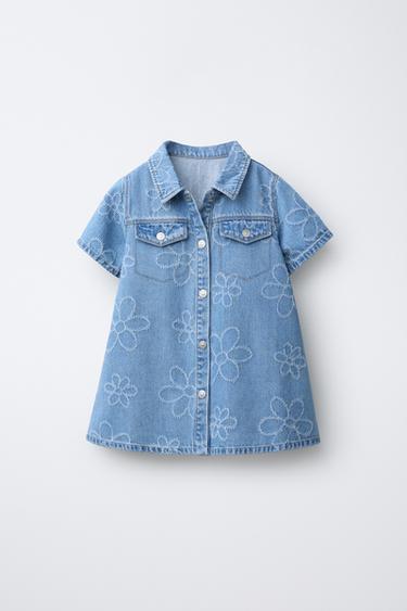 OBLEKA DENIM S CVETLIČNIM POTISKOM - Modra de Zara - Slika 0