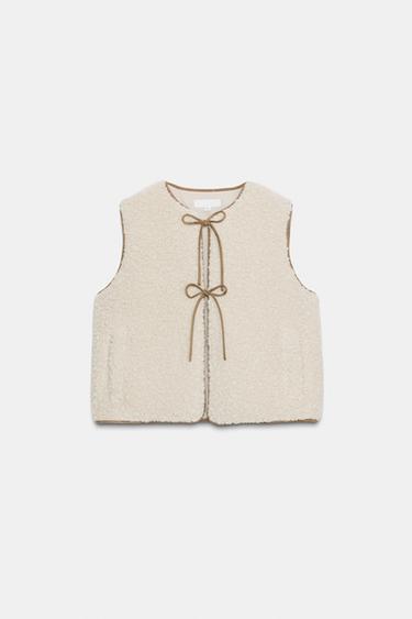 Zara 綁帶人造剪毛羊皮背心 - 裸色