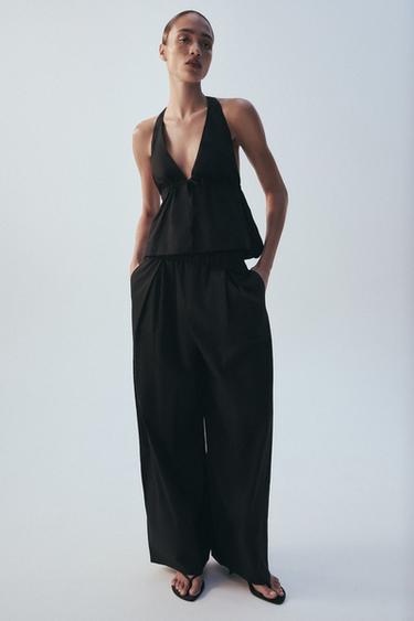 TOP HALTER POPELÍN RAYAS - Negro de Zara