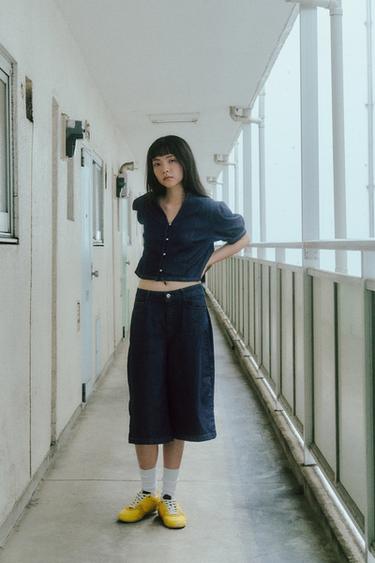 Z1975 퍼프 반소매 데님 셔츠 - Zara 블루