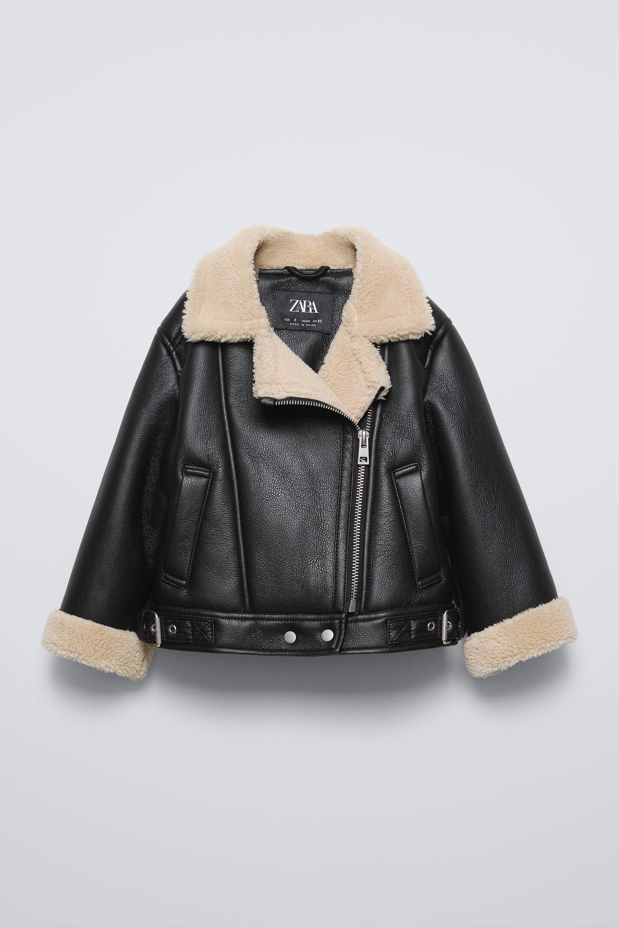 FAUX LEATHER BIKER JACKET WITH FAUX SHEARLING LINING