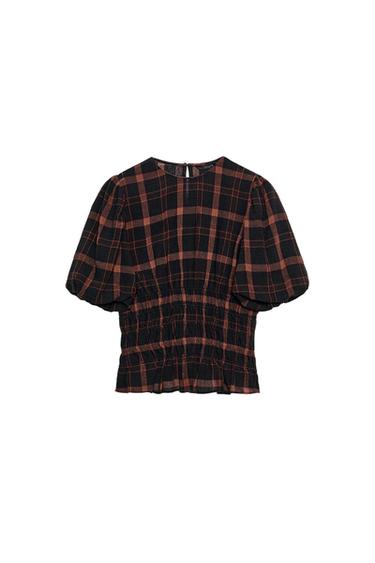 CHECK SHIRT WITH GATHERED DETAIL - BLACK/ORANGE by Zara