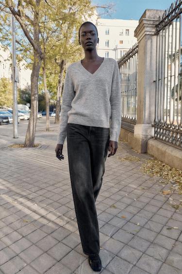 Zara WOOL V-NECK JUMPER - Gray