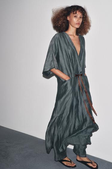 Zara CONTRAST TIED LINEN DRESS - Green / Blue