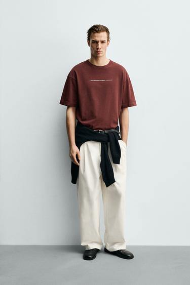 FLOCKED PRINT RELAXED FIT T-SHIRT - Burgundy by Zara - Image 0