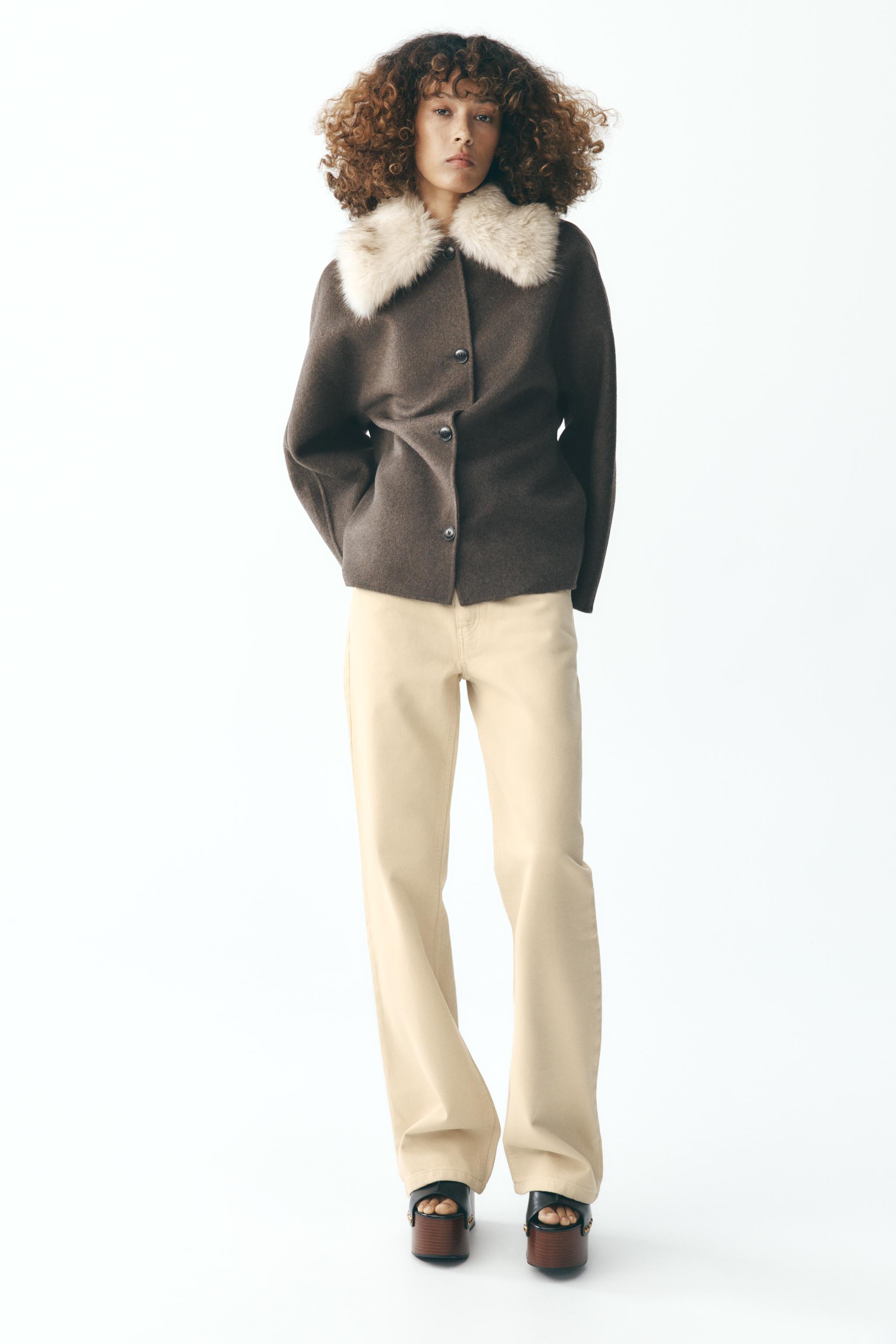WOOL-BLEND JACKET WITH FAUX FUR COLLAR ZW COLLECTION - Ecru