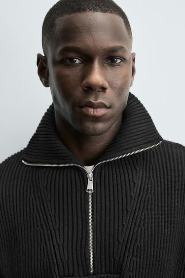 Zara PURL KNIT QUARTER-ZIP JUMPER - Black