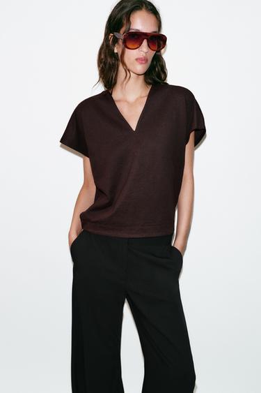 RUSTIC V-NECK T-SHIRT - Chocolate by Zara