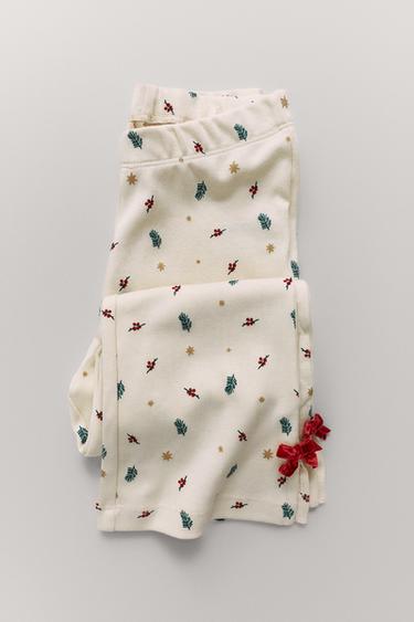 AGES 6-14 / TREE PRINT VELVET RIBBON PYJAMAS - Ecru by Zara