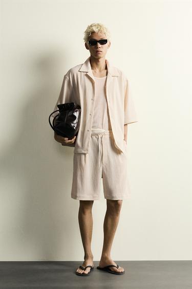 Zara TEXTURED RELAXED FIT SHORTS - Beige marl
