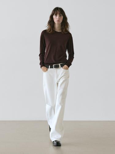 Zara 100% wool fine knit crew neck sweater - Brown / White