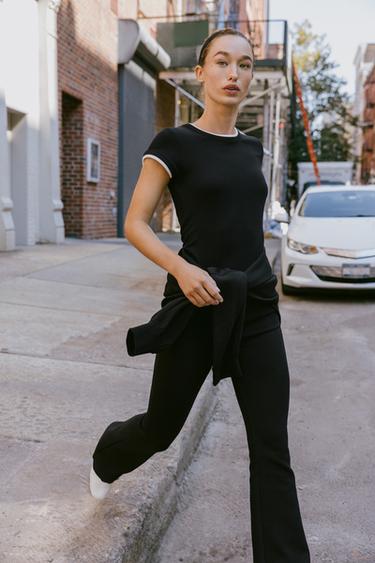 INTERLOCK BOMBER JACKET AND FLARE TROUSERS TRACKSUIT - Stone by Zara - Image 4
