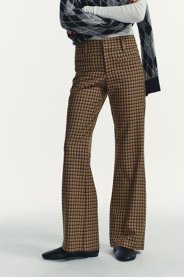 CHECKED FLARE TROUSERS - Brown by Zara