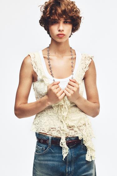 LACE RUFFLE T-SHIRT - Light yellow by Zara