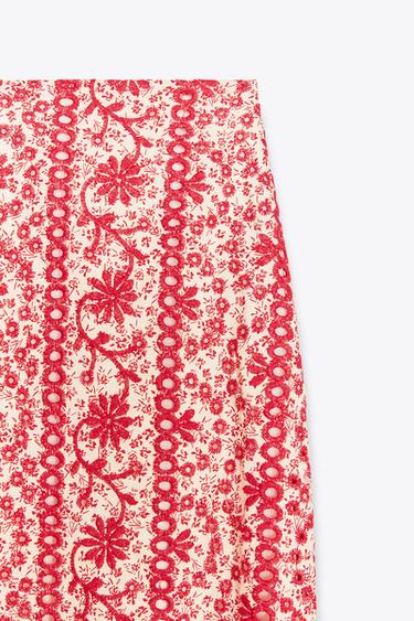 MIDI SKIRT WITH CUTWORK EMBROIDERY - Red by Zara - Image 7