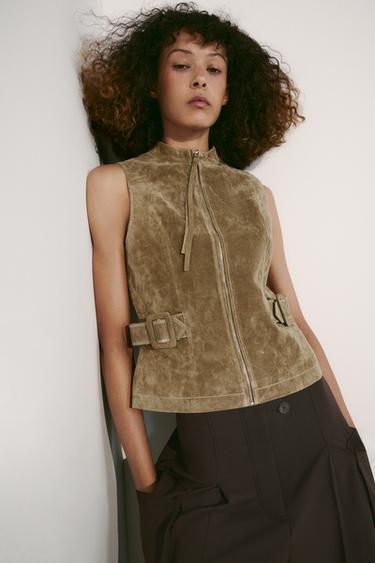 BLUSA DE COURO 100% COM PASSANTES - Marrom / Toupeira da Zara