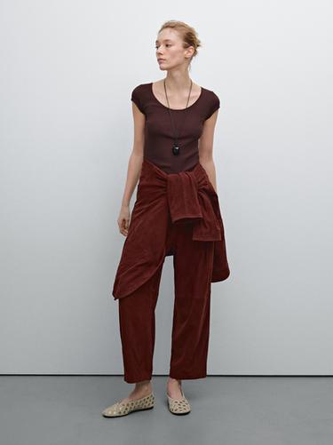 Zara Cotton T-shirt with lace trim detail - Brown