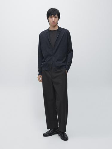 Zara Wool blend knit cardigan with lapel collar - Dark navy - Image 0