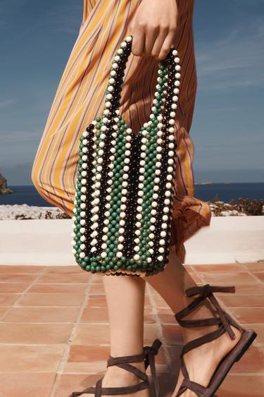 LIMITED EDITION STRIPED BEADED BUCKET BAG - Green by Zara