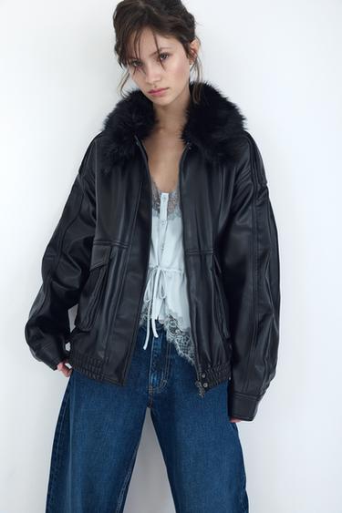 CAZADORA CUELLO EFECTO PELO DESMONTABLE - Negro de Zara