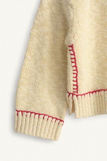 LIMITED EDITION KNIT JUMPER WITH TOPSTITCHING - Ecru / Red by Zara - Image 7
