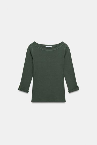 Zara BUTTON RIBBED T-SHIRT - Khaki