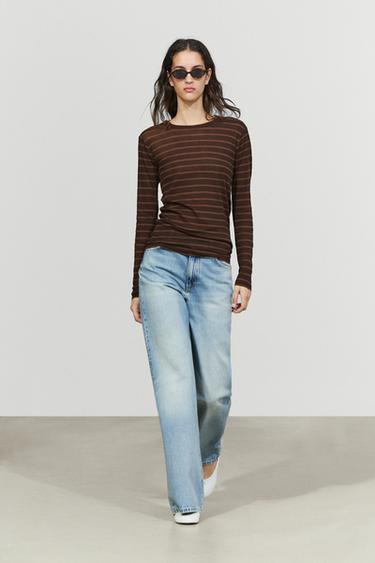 Camiseta rayas manga larga - Marrón de Zara