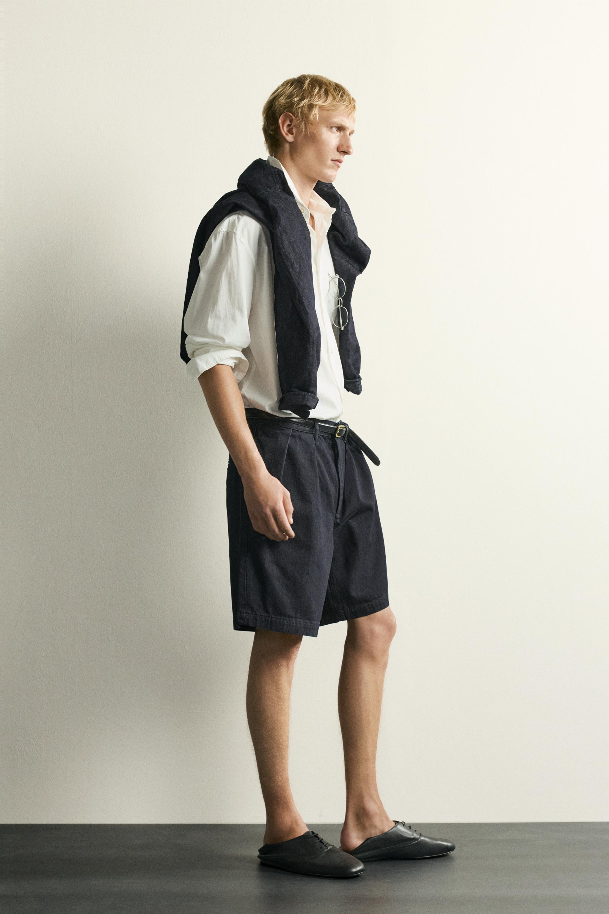 RELAXED FIT PLEATED CHINO DENIM SHORTS