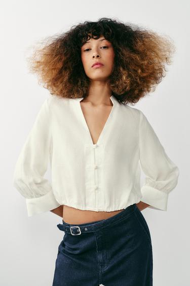 LINEN BLEND BALLOON SHIRT WITH FROG FASTENING - White by Zara