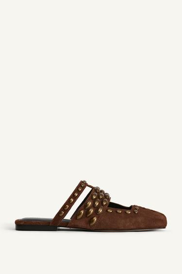 LIMITED EDITION STUDDED SPLIT SUEDE MULES - Brown by Zara
