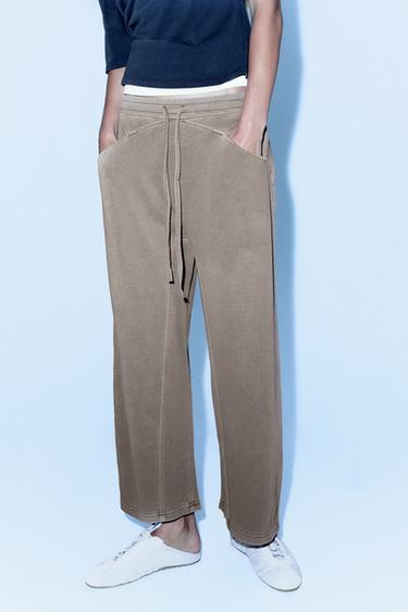 Zara WASHED EFFECT FLEECE PANTS - Dark beige