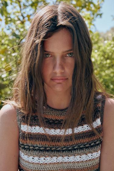 Zara TEXTURED STRIPED KNIT TOP - Brown / Ecru