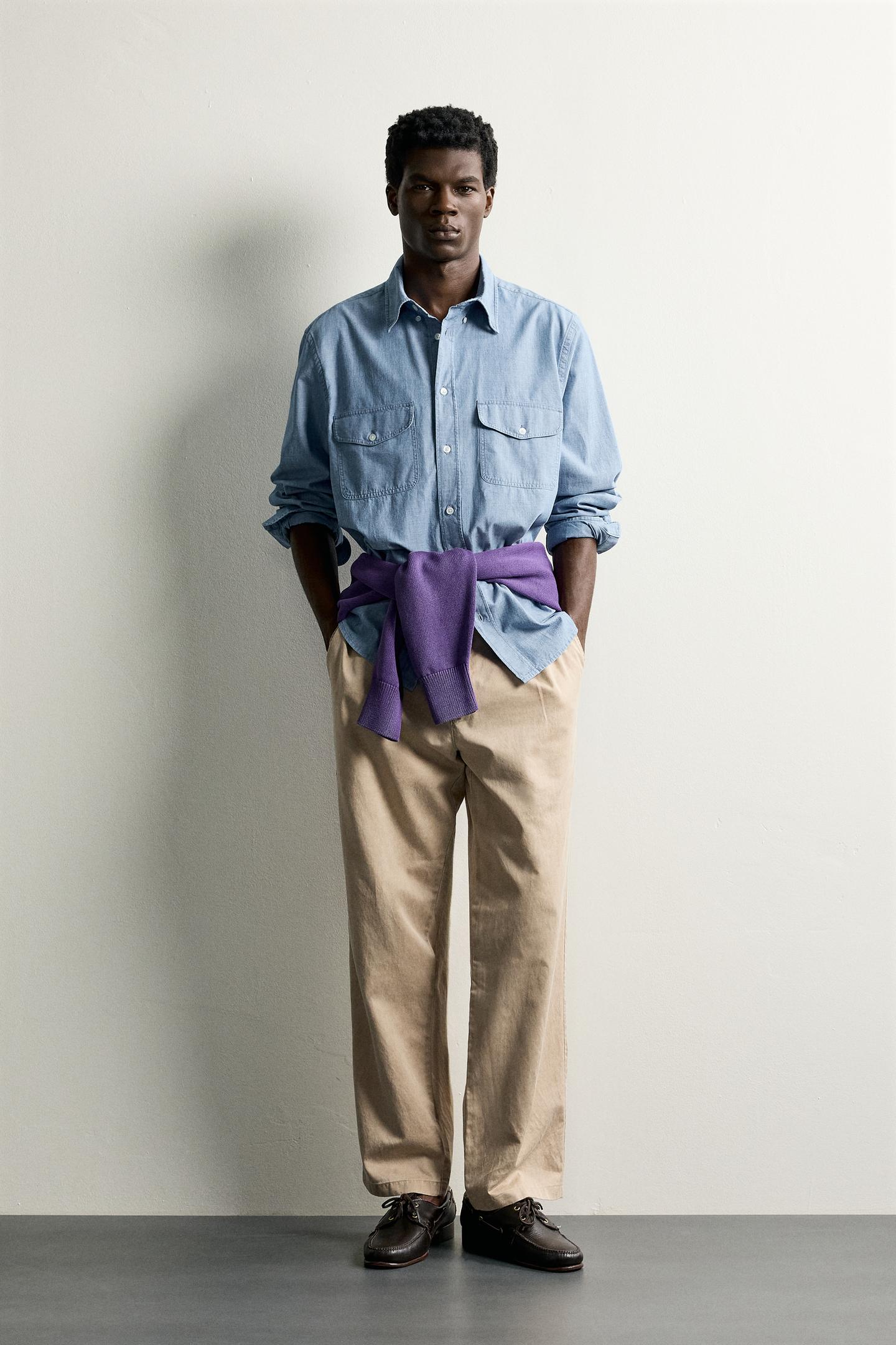 Мужская рубашка Zara Regular Fit Chambray Pocket, цвет: Индиго