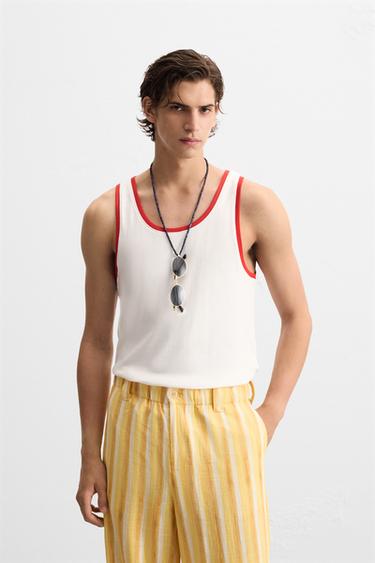 T-SHIRT DÉBARDEUR CÔTELÉ CONTRASTE - Blanc cassé de Zara