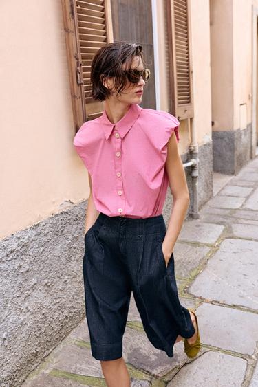 قميص بأكمام منفوخة - وردي / أبيض الخاص بـ Zara