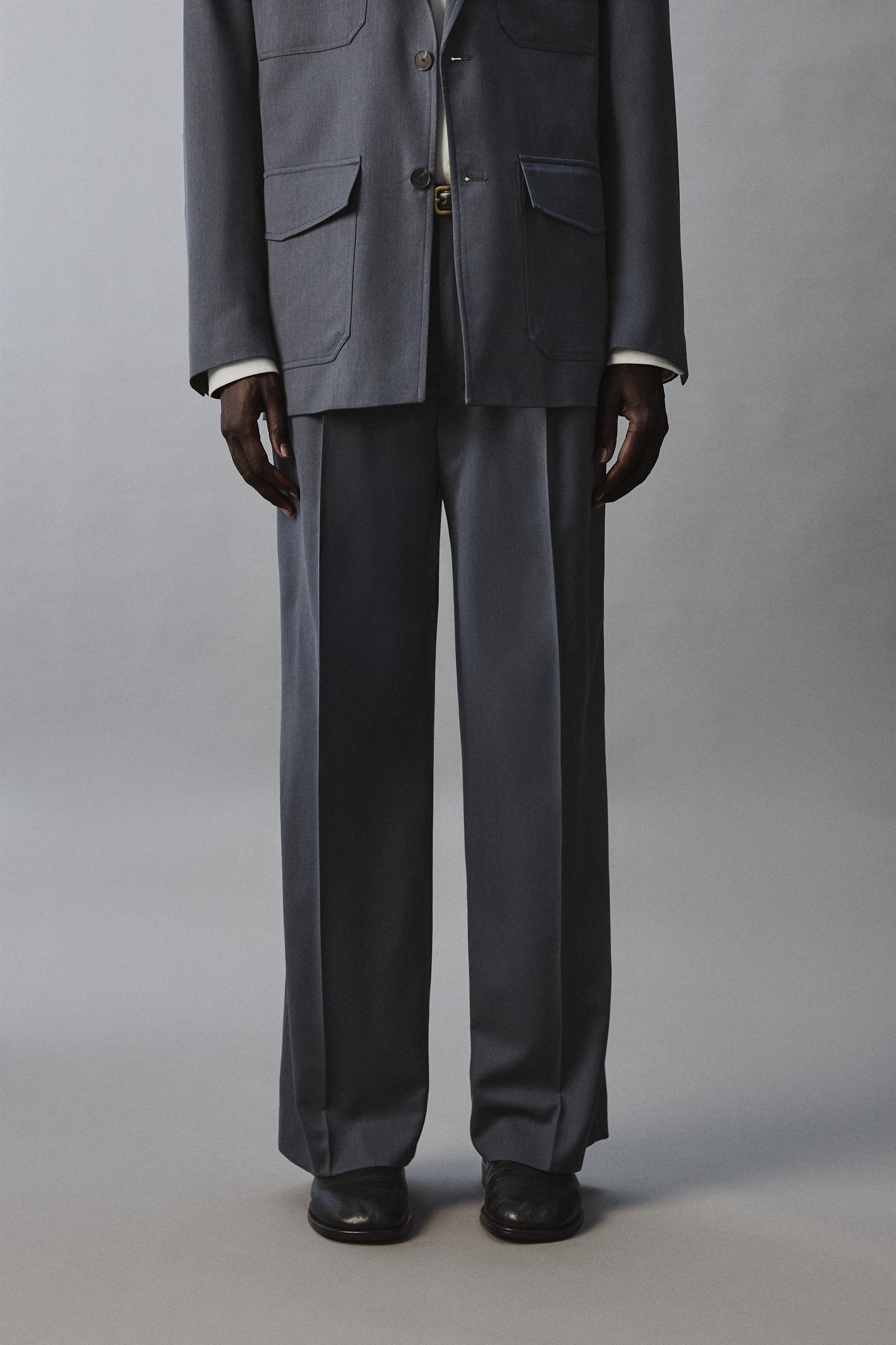 WOOL BLEND FLARE FIT SUIT PANTS — Blue