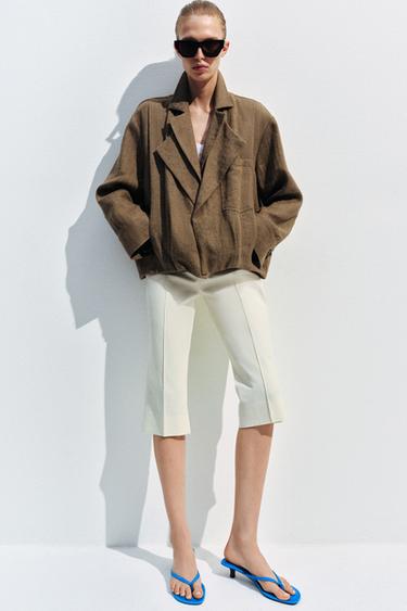 ZW COLLECTION LINEN POCKET BOMBER JACKET - Light brown by Zara