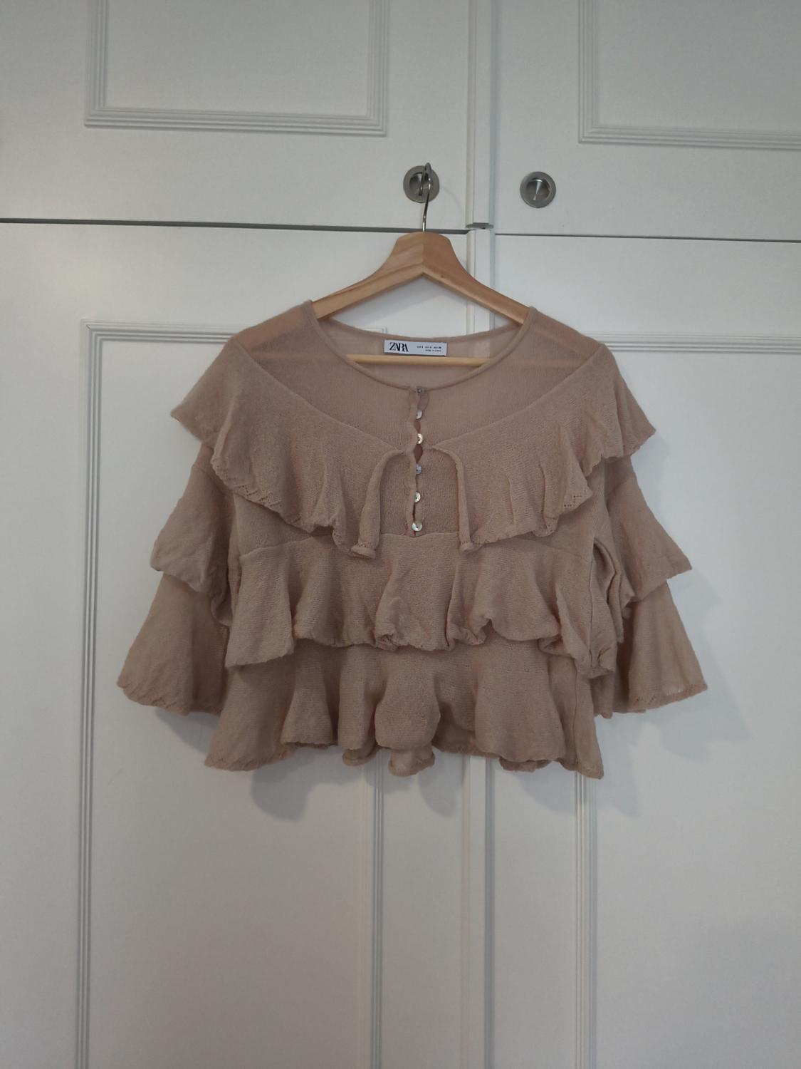 Beige semi-sheer blouse with ruffles and buttons, hanging on a wooden hanger against white doors. Label with ZARA text.