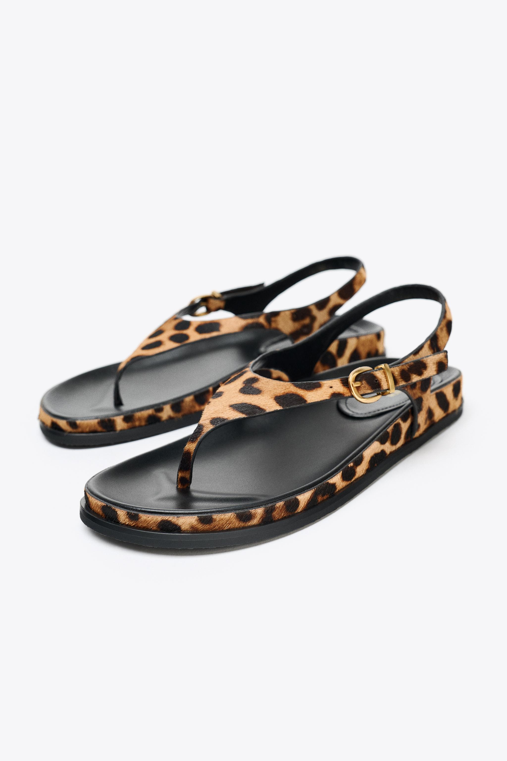 ZARA アニマルプリントファー付きフラットレザーサンダル 限定！ ZARA アニマルプリントファー付きフラットレザーサンダル 限定