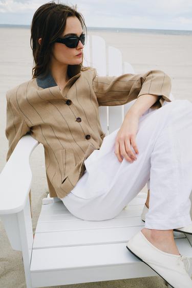 ZW COLLECTION STRIPED BLAZER WITH LINEN - Mid-camel by Zara - Image 5
