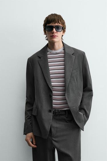 Zara STRIPED OVERSIZED FIT BLAZER - Gray