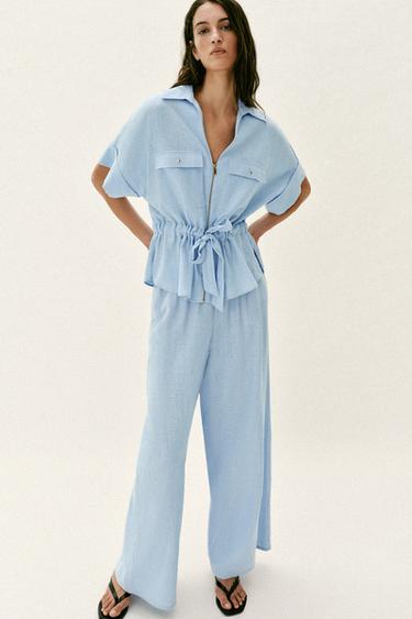 PANTALÓN ANCHO CON LINO - Azul claro de Zara