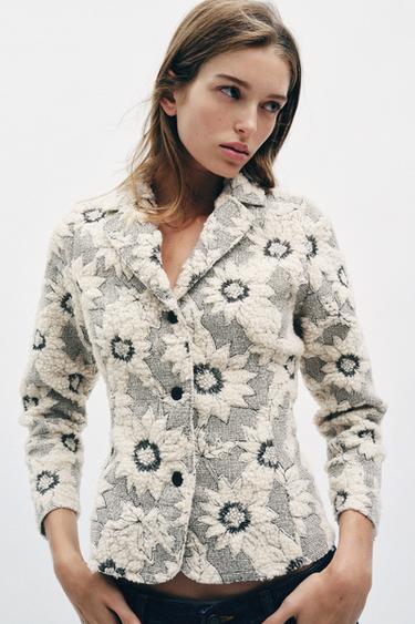 Zara FLORAL TEXTURED BLAZER - Ecru / Black