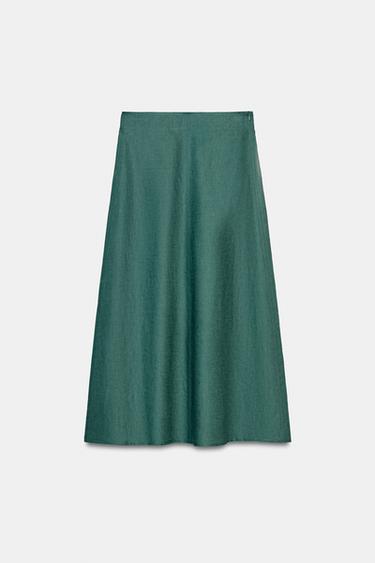 Zara 100% LINEN MIDI SKIRT - Duck green